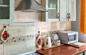 a kitchen with a counter top with a microwave at Beautiful Apartment In Zielona Góra in Zielona Góra