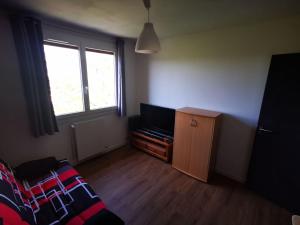 een woonkamer met een tv, een bank en een raam bij Olympiades in Annecy