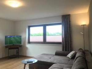 een woonkamer met een bank en een televisie bij Maxi-Apartment Bodanum - mit eigener Terrasse - naturnahe Ortsrandlage - VDSL - 10 min zum Nürburgring in Bodenbach