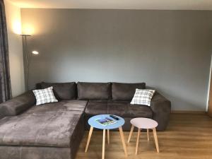 een woonkamer met een bank en een tafel bij Maxi-Apartment Bodanum - mit eigener Terrasse - naturnahe Ortsrandlage - VDSL - 10 min zum Nürburgring in Bodenbach