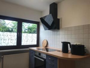 een keuken met een aanrecht, een wastafel en 2 ramen bij Maxi-Apartment Bodanum - mit eigener Terrasse - naturnahe Ortsrandlage - VDSL - 10 min zum Nürburgring in Bodenbach +5 foto's