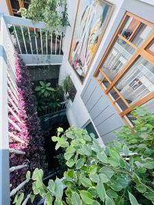 a stairway with flowers and plants in front of a building at Villa Helvetia in Târgu-Mureş