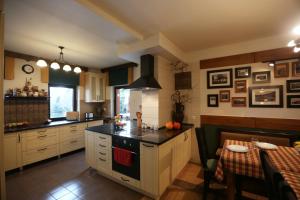 a kitchen with a stove and a table in it at Chata Ale Lipa - Góry Sowie in Jugów