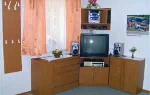 a room with a television on a wooden cabinet with speakers at Holiday Home Am Wiesengrund V in Löcknitz