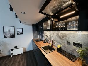 a kitchen with a sink and a counter top at Grand Viceroy Apartments - Gothic Tower View in Prague