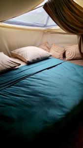 a bed in a tent with pillows on it at Žvaigždžių slėnis - Kupolai in Sližiai +47 photos