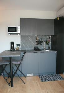 a kitchen with a counter with a sink and a table at Studio Les Deux Grenouilles 5mn de Colmar in Herrlisheim-près-Colmar