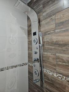 a shower in a bathroom with wooden walls at Villa Termal Norte in Federación