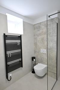 a bathroom with a toilet and a glass shower at Blue Sky in Kostrena +11 photos