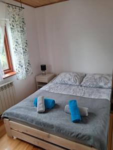 a bedroom with a bed with blue pillows on it at Domek na skraju lasu in Płaska +13 photos