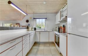 スナーヴィグにあるLovely Home In Ringkøbing With Saunaの白いキャビネットと白い冷蔵庫のあるキッチン