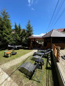 a group of chairs sitting in the grass next to a cabin at Cabana AlexMid in Ranca