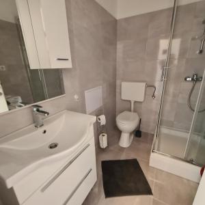 a bathroom with a sink and a toilet and a shower at Aurora in Rijeka +24 photos