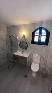 a bathroom with a shower and a toilet and a sink at Greek Mansion in Nea Moudania +33 photos