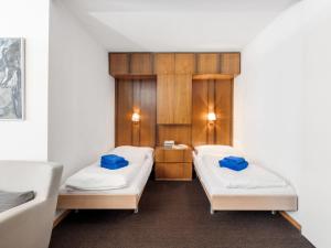 two beds in a room with blue pillows at Apartment Parkareal - Utoring-6 by Interhome in Davos +26 photos