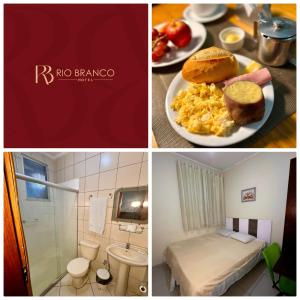 a collage of pictures of a bathroom with a plate of breakfast food at Hotel Rio Branco in Jequié