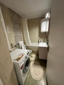 ein kleines Bad mit einer Waschmaschine in der Unterkunft Apartment 601 in Surčin