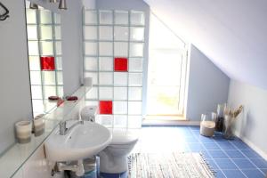een badkamer met een wastafel en een toilet bij PIZĀ Guest House & Campsite in Miķeļtornis