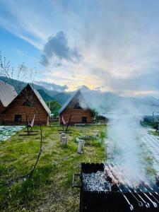 una griglia con fumo in un campo vicino agli edifici di Guesthouse Elli & Cottages a Kazbegi