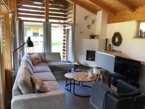 un salon avec un canapé et une télévision dans l'établissement Schöneben Traumhütte, à Wald im Pinzgau