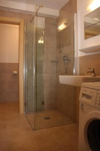 une salle de bain avec une douche en verre et un lavabo dans l'établissement Schöneben Haus Silberdistel, à Wald im Pinzgau