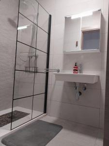 a bathroom with a shower and a sink and a mirror at Mellieha, Charming 2 Bedroom Apartment Santa Maria Heights Mellieha in Mellieħa