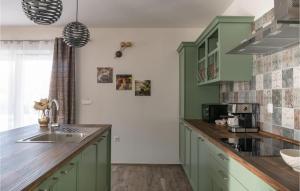 a kitchen with green cabinets and a sink at Lovely Home In Medulin With Wifi in Medulin