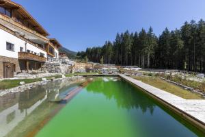 a pool of green water next to a building at Nationalpark Chalet Kreuzkogel in Neukirchen am Großvenediger