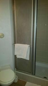 a bathroom with a shower with a toilet and a towel at Brit Hotel Sarreguemines in Sarreguemines
