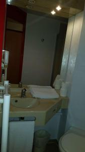 a bathroom with a sink and a mirror and a toilet at Brit Hotel Sarreguemines in Sarreguemines