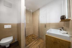 a bathroom with a toilet and a sink and a shower at Nationalpark Chalet Schneespitze in Neukirchen am Großvenediger +50 photos