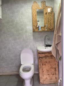 a bathroom with a toilet and a sink and a mirror at Guesthouse Aprasidze in Mestia +57 photos