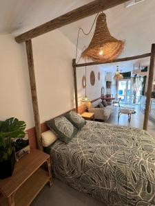 a bedroom with a bed and a living room at Appartement Cosy Loft in Salernes