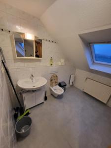 een badkamer op zolder met een wastafel en een toilet bij Pension Alex in Bielefeld