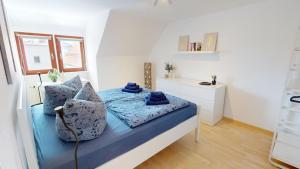 a bedroom with a bed with blue pillows on it at Fewo Seenah in Radolfzell am Bodensee