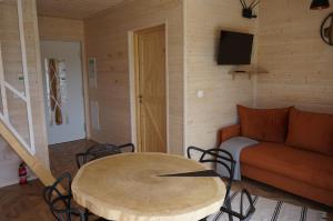 a living room with a couch and a table at Przylesie Domki in Wysoczany