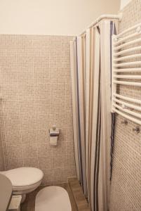 a small bathroom with a toilet and a shower at Blue home in the heart of Budapest in Budapest