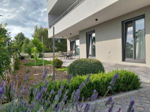 a garden in front of a building with purple flowers at Apartman Zlata in Pakoštane