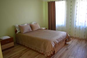 Un dormitorio con una cama y dos ventanas. en Transilvania rent, en Hunedoara