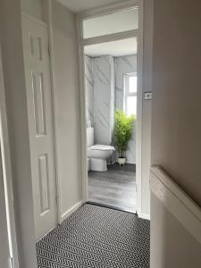 a bathroom with a toilet and a sink and a door at Belfast Grand Central Living 5 Minutes Walk From Grand Central Station in Belfast +37 photos