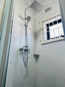 a shower in a bathroom with a glass door at The wish executive lodge in Kafue