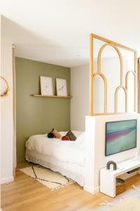 a bedroom with a white bed and a tv at Le Cocon d'Alice - Cosy, calme, central et climatisé in Annecy