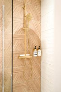 a shower in a bathroom with a wooden wall at Le Cocon d'Alice - Cosy, calme, central et climatisé in Annecy