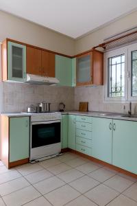 a kitchen with green cabinets and white appliances at Art Lesvos Villa in Pyrgi Thermis