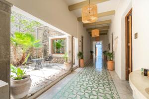 メリダにあるHotel Boutique Santa Elenaの家の中の植物のある空っぽの廊下