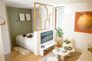 a living room with a tv and a couch at Le Cocon d'Alice - Cosy, calme, central et climatisé in Annecy