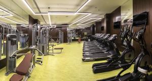 a gym with a row of tread machines at Ramada by Wyndham Sakarya Hotel in Sakarya