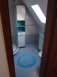 La salle de bains est pourvue de toilettes et d'un tapis bleu. dans l'établissement Apartment Najadka, à Bobrovec