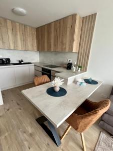 a kitchen with a table and chairs in a room at Apartment Moruše with parking in Prievoz +1 photo