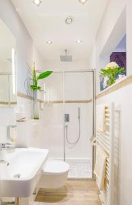ein Bad mit einer Dusche, einem WC und einem Waschbecken in der Unterkunft Hotel Krone in Alzenau in Unterfranken